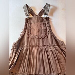 Free People Brown Overall Dress with Lace Trim - Small